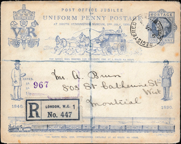 134425 1890 PENNY POSTAGE JUBILEE, 1D BLUE ENVELOPE REGISTERED MAIL CHARING CROSS TO MONTREAL IN 1913 WITH TWO 1D PINK CUT OUTS PAYING REGISTRATION.