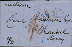 134435 1861 UNPAID MAIL NEWCASTLE ON TYNE TO MANDAL, NORWAY.