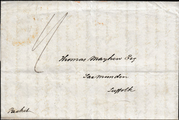 134436 1842 UNPAID MAIL KINGSTON, JAMAICA TO SAXMUNDHAM, SUFFOLK.