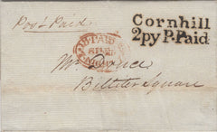 134459 1829 MAIL USED IN LONDON WITH 'Cornhill/2py P.Paid' RECEIVERS HAND STAMP (L507).