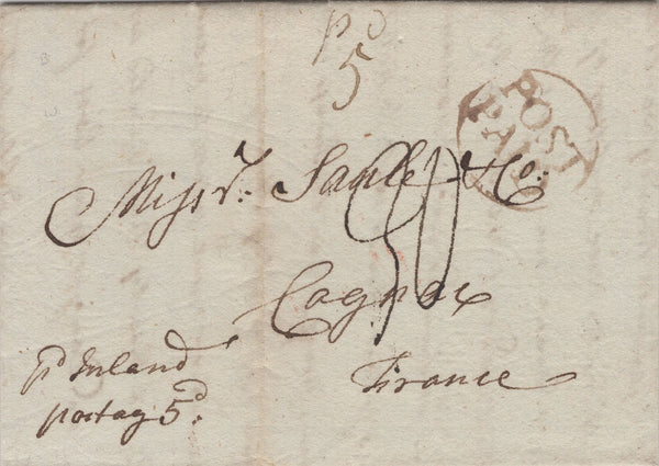 134476 1787 MAIL WESTLETON, SUFFOLK TO COGNAC, FRANCE WITH 'POST/PAID' HAND STAMP (L91a/c).