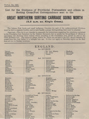 134492 1912 'T.P.O. NOTICE 680' 'LIST FOR THE GUIDANCE OF PROVINCIAL POSTMASTERS AND OTHERS IN SORTING CROSS-POST CORRESPONDENCE SENT TO THE GREAT NORTHERN SORTING CARRIAGE GOING NORTH'.