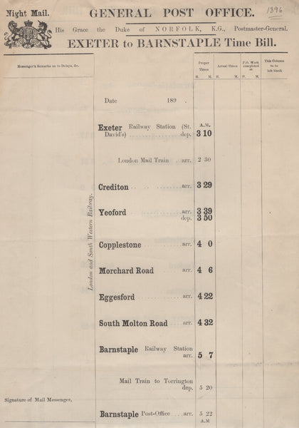 134493 1896 G.P.O. 'TIME BILL' FOR THE MAIL TRAIN EXETER TO BARNSTAPLE AND BARNSTAPLE BACK TO EXETER.