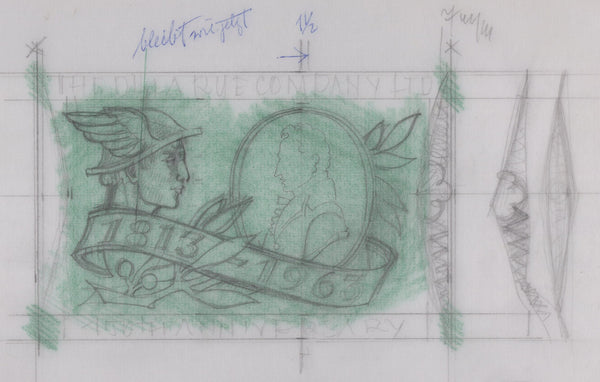 134515 1961-1962 CORRESPONDENCE/SKETCHES FOR PROPOSED 'STICKER' IN FORMAT OF A POSTAGE STAMP TO CELEBRATE 150 YEARS OF DE LA RUE.