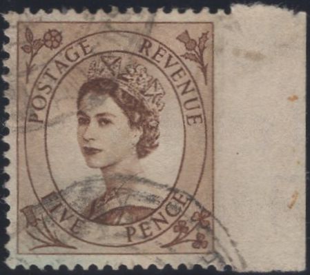 134518 1953 5D BROWN WILDING (SG522) 'IMPERFORATE BETWEEN STAMP AND RIGHT MARGIN' USED.