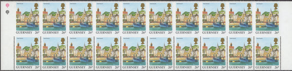 134525 1984 21p 'GUERNSEY VIEWS' 'IMPERFORATE THREE SIDES' BLOCK OF 20 WITH 10 EXAMPLES (SG310ca).