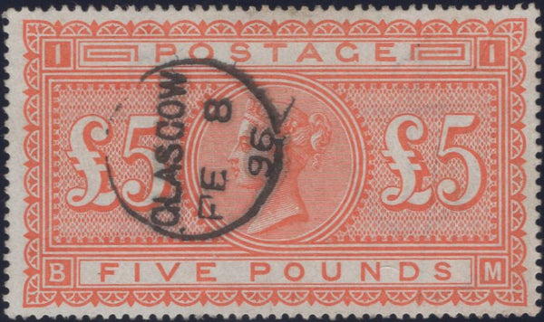 134557 1883 £5 ORANGE ON WHITE PAPER (SG137)(BM) SUPERB USED.