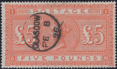 134557 1883 £5 ORANGE ON WHITE PAPER (SG137)(BM) SUPERB USED.