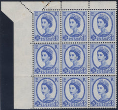 134568 1958 4D WILDING (SG576) CORNER BLOCK OF NINE, ONE PARTIALLY IMPERF DUE TO PAPER FOLD.