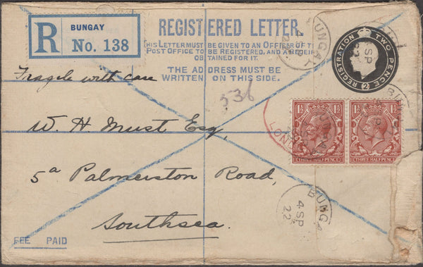 134623 1922 'FRAGILE' REGISTERED MAIL BUNGAY, SUFFOLK TO SOUTHSEA.