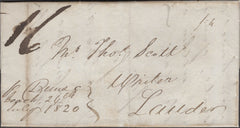 134638 1820 MAIL DUNSE TO LAUDER WITH MANUSCRIPT 'p. Dunse Coach 24th July 1820'.