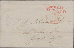 134654 1842 PART WRAPPER USED IN LONDON 'Cornhill/1D.PAID' RECEIVERS HAND STAMP (L509a).
