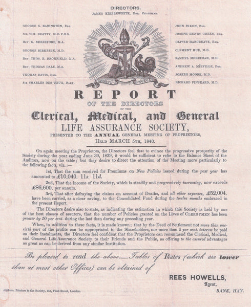 134718 1840 1D MULREADY WRAPPER 'CLERICAL, MEDICAL, AND GENERAL LIFE ASSURANCE SOCIETY' ADVERT WITH 'REES HOWELLS, Agent, BANK, HAY' AT LOWER RIGHT (SPEC MA113p).