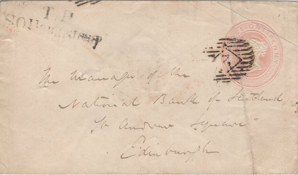 134767 1848 1D PINK ENVELOPE LONDON TO EDINBURGH WITH 'T.P/S.O.Hampstead' RECEIVERS HAND STAMP (L505/HAMPS09) AND CONTEMPORARY PRINT 'CHURCH STREET, HAMPSTEAD'.
