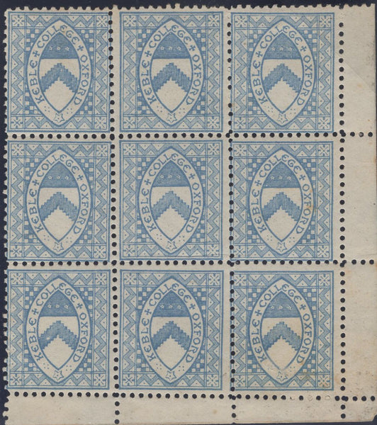 134816 1882 KEBLE COLLEGE, OXFORD ½D ULTRAMARINE (CS10) CORNER MINT BLOCK OF NINE.