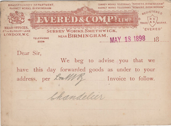 134893 1898 ADVERTISING POST CARD SMETHWICK, BIRMINGHAM TO DUMFRIES.