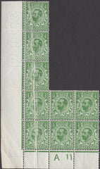 134914 1911 ½D DOWNEY (SG322) CONTROL BLOCK OF NINE WITH VERY FINE PAPER FOLD.