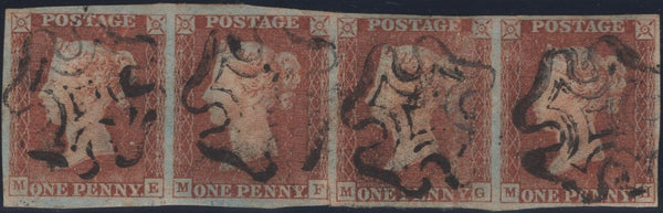 134950 1841 1D RED PL.5 (SG7) HORIZONTAL STRIP OF FOUR LETTERED ME MF MG MH.