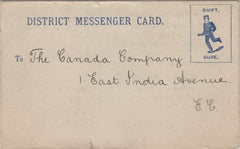 134959 CIRCA 1890 'DISTRICT MESSENGER CARD' EX PRIVATE POST USED LOCALLY IN LONDON.