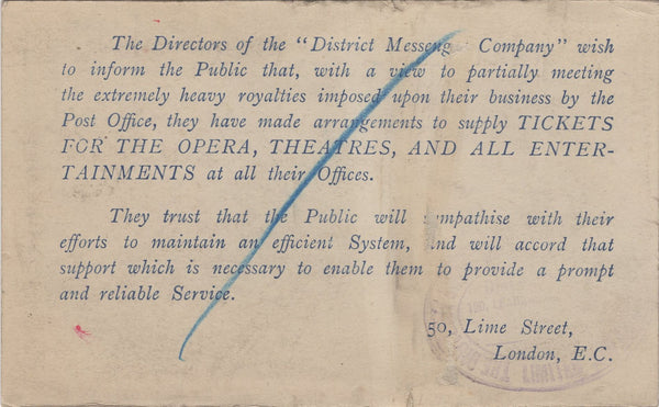 134959 CIRCA 1890 'DISTRICT MESSENGER CARD' EX PRIVATE POST USED LOCALLY IN LONDON.