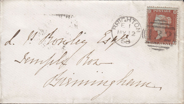 24494 - 1854 1D (SG 17)(PC) VERY LATE USAGE ON 1868 ENVELOPE BRIGHTON TO BIRMINGHAM. Envelope