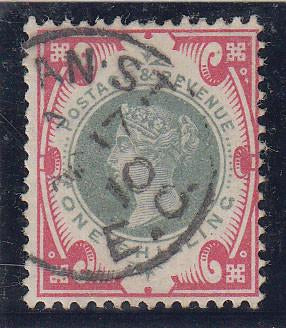 29346 1900 1/- GREEN AND CARMINE (SG214) VERY FINE USED.