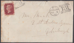 36636 1872 ENVELOPE USED LOCALLY IN EDINBURGH WITH 1D PL. 124 (SG43) EDINBURGH DUPLEX' NOT CANCELLING STAMP.