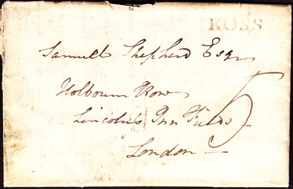 41130 - 1796 HEREFORDSHIRE/'ROSS' HAND STAMP (HF372). Entire, some faults, Ross to London with fine strike of the...