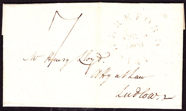 41271 - 1808 HEREFORDSHIRE/'HEREFORD 141' MILEAGE MARK (HF136). Letter Hereford to Ludlow with fine strike of...