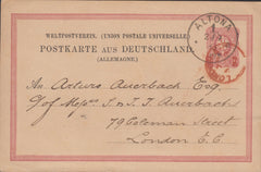 46048 - 1883 10 Pf GERMAN POSTKARTE ALTONA TO LONDON WITH RED LONDON CDS CANCELLING UPON ARRIVAL.