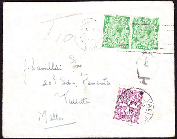 47131 - 1927 MAIL FRANCE TO MALTA ATTEMPTED USAGE OF GB STAMPS TO PAY POSTAGE! Envelope Toulon (France) to Malt...
