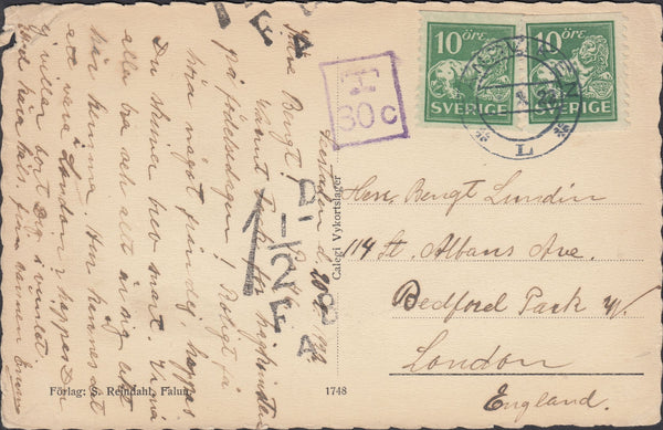 47497 - 1922 UNDERPAID MAIL SWEDEN TO LONDON. 1922 post card Sweden to London with 2...