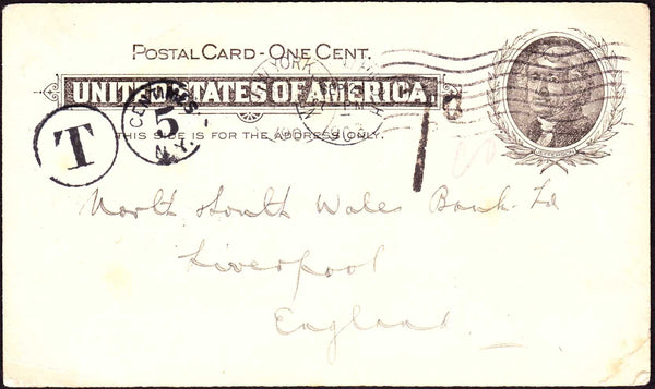 48159 - 1903 UNDERPAID MAIL USA TO LIVERPOOL. US Jefferson 1 cent postal card