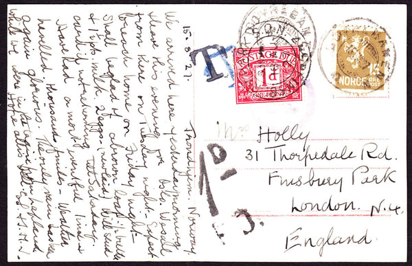 48681 -1927 UNDERPAID MAIL NORWAY TO LONDON. 1927 post card Norway to London w...