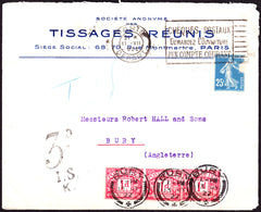 48735 - 1922 UNDERPAID MAIL FRANCE TO THE UK.  Advertising envelope from Paris ...