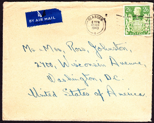 48917 - 1943 MAIL GLASGOW TO USA 2/6D YELLOW-GREEN (SG476b). Envelope Glasgow to Washington, USA with KGVI...