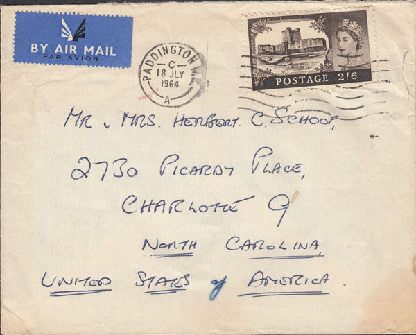 49279 - 1964 2/6 CASTLE USAGE PADDINGTON TO USA. Envelope London to North Carolina, USA with 2...