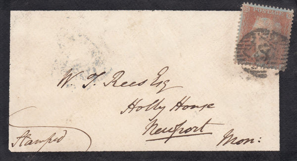 51761 - 1857 DIE 2 1D BROWN-ROSE (SG32) ON MOURNING ENVELOPE LONDON TO NEWPORT MONMOUTH.