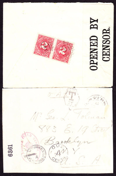 52095 - 1917 UNPAID MILITARY MAIL TO USA. Envelope from Field Post Office ...