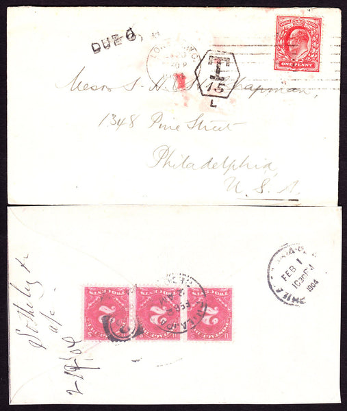 52113 - 1904 UNDERPAID MAIL LONDON TO USA. Envelope London