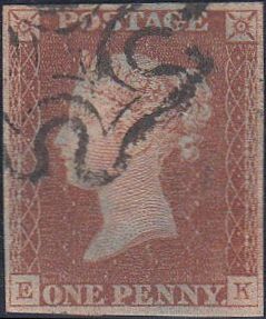 52498 - 1D RED PL.2 (EK)(SG7). A fine 1841 1d red from plate 2 (SG7) lettered EK with four good margins   fine used exampl...