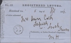 52961 - 1876 REGISTRATION RECEIPT/CORNWALL. A good example (sma...