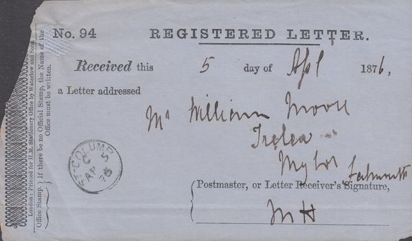52962 - 1876 REGISTRATION RECEIPT/CORNWALL. A good example (sma...