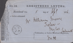 52962 - 1876 REGISTRATION RECEIPT/CORNWALL. A good example (sma...