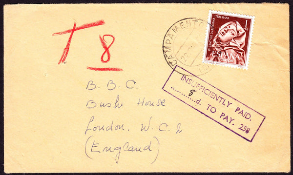 53095 - 1960 ? UNDERPAID MAIL SPAIN TO LONDON. Envelope from Spain addressed to the...