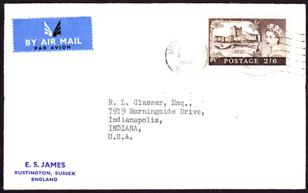 54094 - 1962 CASTLE USAGE LITTLEHAMPTON TO USA. Envelope from Littlehampton, Sussex to Indian...