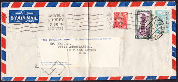 54187 - 1952 MAIL INDIA TO CROYDON RE DIRECTED TO LONDON/COMBINATION OF INDIAN AND BRITISH STAMPS. Large envelope (229x103) Bombay to Croyd...