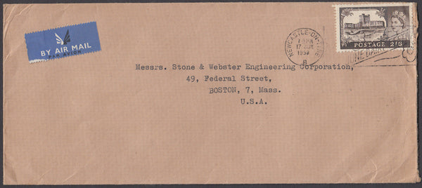 54534 - 1958 MAIL NEWCASTLE TO USA 2/6D CASTLE ISSUE. Large envelope (230x101) Newcastle-on-Tyne to Boston, USA wit...