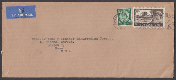 54536 - 1958 MAIL NEWCASTLE TO USA 2/6D CASTLE ISSUE. Large envelope (230x101) Newcastle-on-Tyne to Bo...