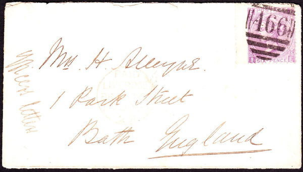 54814 - 1869 INCOMING NAVAL MAIL TO ENGLAND. 1869 envelope to Mrs Alleyne Bath Engl...